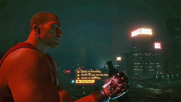 W trakcie rozgrywania questu dwukrotnie można pocałować Rivera, przy czym odwzajemni on uczucie wyłącznie jeśli grasz V o kobiecej budowie ciała - Cyberpunk 2077: Chłopiec z pistoletem/Following the River (River) - solucja - Cyberpunk 2077 - poradnik do gry