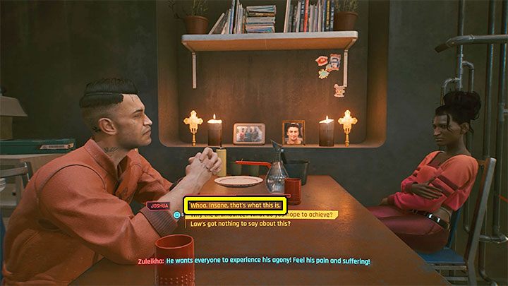 W ramach tego questu odwiedzisz dwie lokacje i pierwszą z nich jest dom mieszkalny, w którym załączy się rozmowa z Zuleikhą - siostrą mężczyzny zamordowanego przez Joshuę - Cyberpunk 2077: Znak Jonasza - solucja, opis przejścia - Cyberpunk 2077 - poradnik do gry