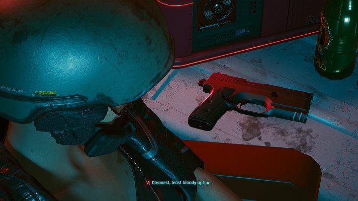 Tabletki zostaną wyrzucone poza dach budynku, a V spojrzy na broń, którą otrzymał od Viktora - Cyberpunk 2077: Najgorsze zakończenie - Cyberpunk 2077 - poradnik do gry
