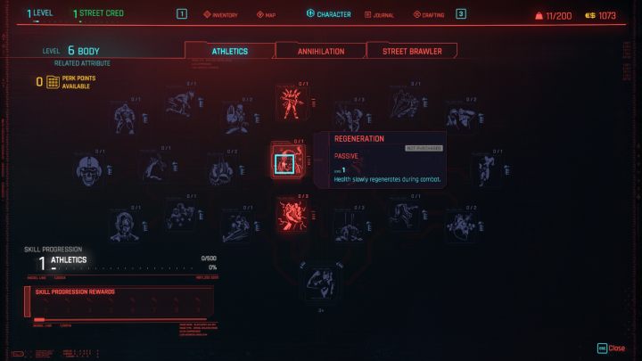 Na liczbę punktów zdrowia, szybkość regeneracji i inne statystyki możesz wpływać poprzez wykupowanie perków atrybutu Budowa ciała z kategorii Wysportowanie - Cyberpunk 2077: Jak się leczyć? - Cyberpunk 2077 - poradnik do gry