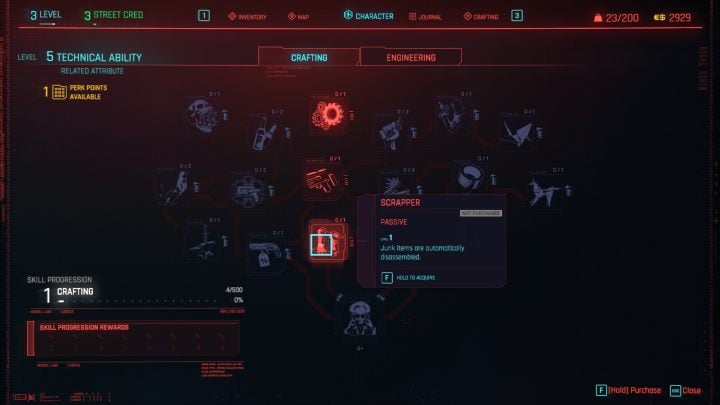 Rozkładanie rupieci możesz w pełni zautomatyzować dzięki perkowi (atutowi) Złomowanie (Scrapper) - Cyberpunk 2077: Czy rupiecie mają zastosowanie? - Cyberpunk 2077 - poradnik do gry