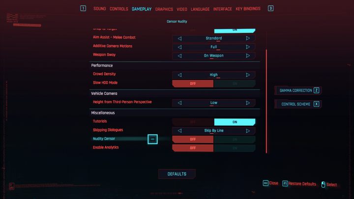 Cenzurę nagości możesz włączyć (lub wyłączyć) w opcjach gry, a dokładnie w zakładce Rozgrywka (Gameplay) - Cyberpunk 2077: Jak działa cenzura nagości? - Cyberpunk 2077 - poradnik do gry