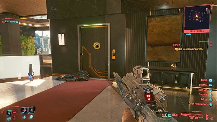 Wejście do biura pokazuje dołączony obrazek - Cyberpunk 2077: Tysiące twarzy, setki miraży/Pisces (Judy) - solucja - Cyberpunk 2077 - poradnik do gry