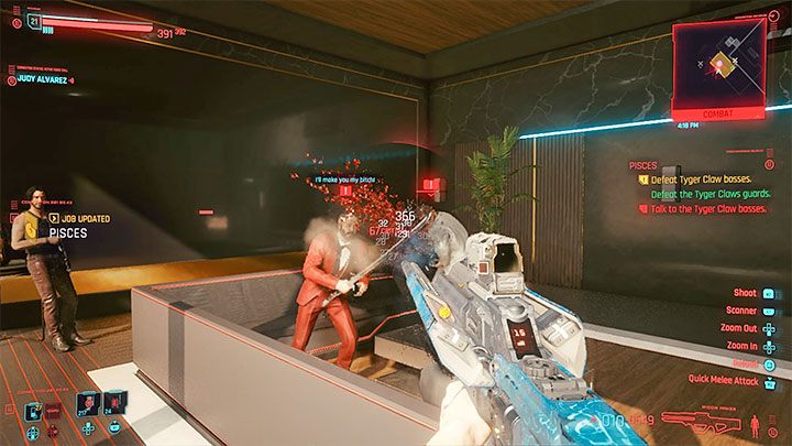 W obu przypadkach rozpocznie się bitwa z Tyger Claws - tymi z biura oraz tymi przebywającymi w pozostałych pomieszczeniach apartamentu (jeśli ich wcześniej nie wyeliminowałeś) - Cyberpunk 2077: Tysiące twarzy, setki miraży/Pisces (Judy) - solucja - Cyberpunk 2077 - poradnik do gry