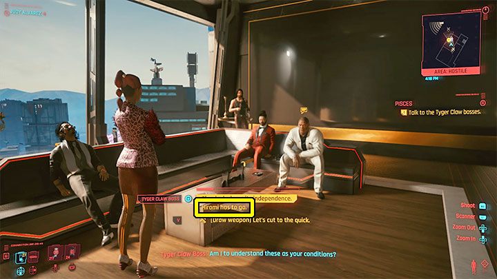 Główny wariant 2 - Wariant ten zakłada, że V podzieli zdanie Tyger Claws, że Hiromi musi odejść i że musi nastąpić zmiana kierownictwa - Cyberpunk 2077: Tysiące twarzy, setki miraży/Pisces (Judy) - solucja - Cyberpunk 2077 - poradnik do gry