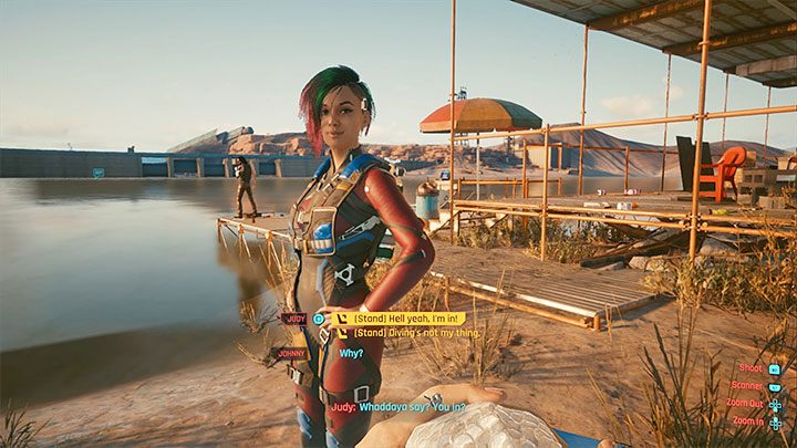 Pogadaj z Judy siedzącą na masce auta o planie wspólnego ponurkowania - Cyberpunk 2077: W topieli/Pyramid Song (Judy) - solucja, opis przejścia - Cyberpunk 2077 - poradnik do gry