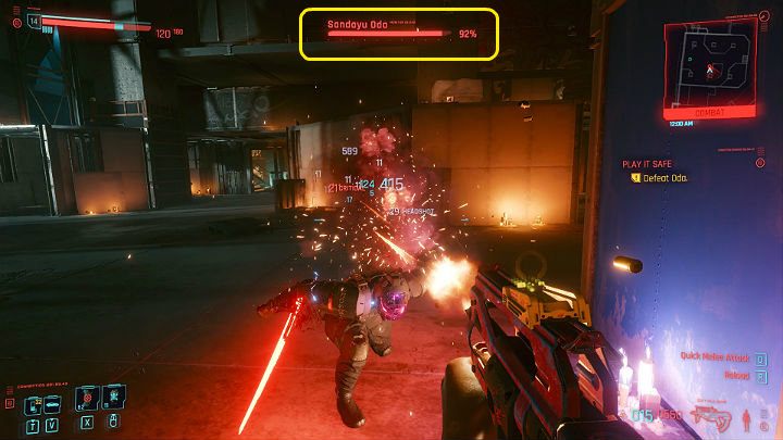 W trakcie starć z bossami gry Cyberpunk 2077, na ekranie pojawia się dodatkowy element - sporych rozmiarów czerwony pasek zdrowia przeciwnika - Cyberpunk 2077: Interfejs użytkownika - Cyberpunk 2077 - poradnik do gry