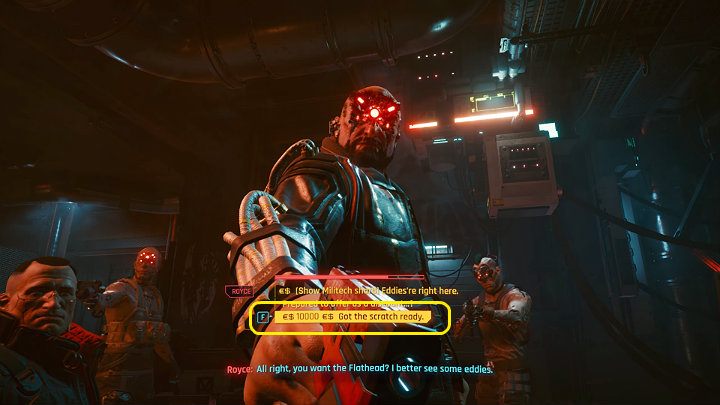 Gdy Royce wyjdzie ze swojego biura i włączy się do negocjacji powiedz, że masz pieniądze i zapłacisz za Flatheada - Cyberpunk 2077: Czy można zdobyć Flatheada bez walki? - Cyberpunk 2077 - poradnik do gry