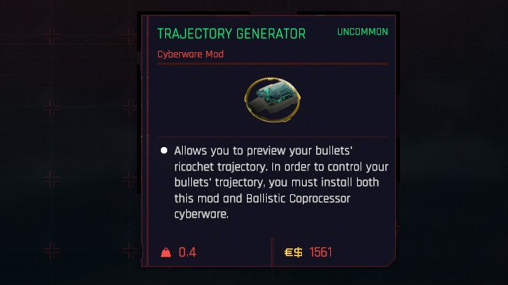Generator Trajektorii to modyfikacja do Optyki Kiroshi, która pokazuje trajektorię rykoszetów podczas celowania (korzystania z celownika) - Cyberpunk 2077: Jak działa rykoszetowanie pocisków? - Cyberpunk 2077 - poradnik do gry