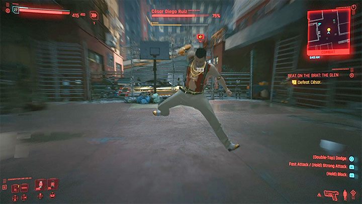 Areną jest boisko do koszykówki i warto polegać w trakcie walki na tym, że możesz dużo przemieszczać się i wykonywać uniki ze swobodą, bez obawy, że nagle znajdziesz się przy płocie - Cyberpunk 2077: Do krwi - solucja, opis przejścia - Cyberpunk 2077 - poradnik do gry