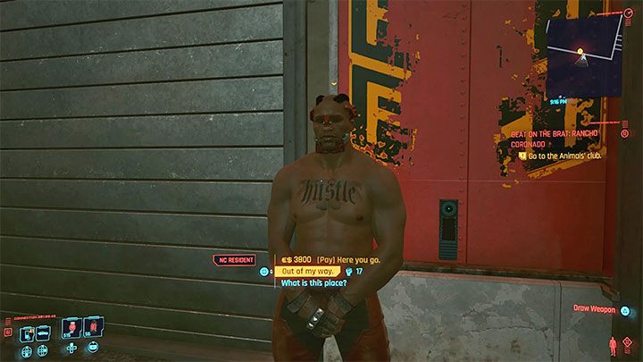 Wejścia do budynku, w którym rozgrywają się walki, pilnuje ochroniarz Animalsów - Cyberpunk 2077: Do krwi - solucja, opis przejścia - Cyberpunk 2077 - poradnik do gry