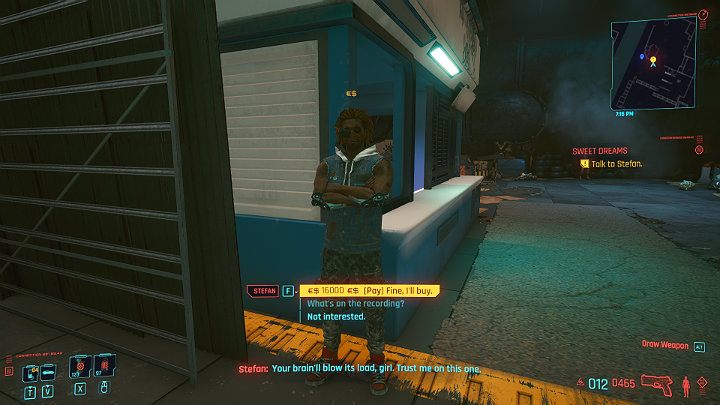 Stefan twierdzi, że ma dla V coś specjalnego, ale słono trzeba będzie za to zapłacić, bo braindance kosztuje aż 16 000 Eurodolarów - Cyberpunk 2077: Ekstremalne wrażenia - solucja, opis przejścia - Cyberpunk 2077 - poradnik do gry