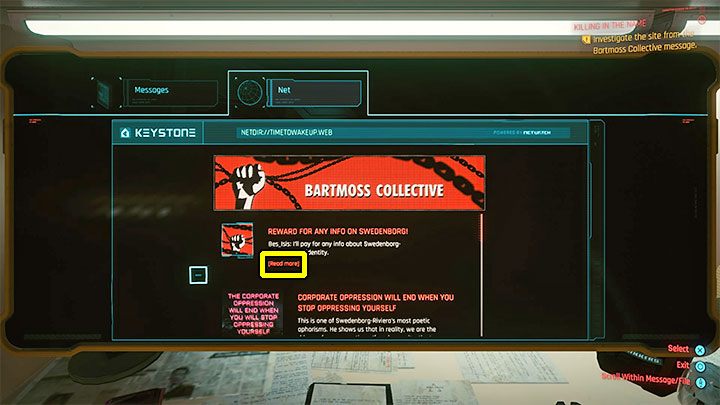 Po znalezieniu się na stronie kolektywu na górze strony widoczna będzie informacja na temat przewidzianej nagrody na temat wszelakich informacji o Swedenborgu - Cyberpunk 2077: Czerwony wieszcz - solucja, opis przejścia - Cyberpunk 2077 - poradnik do gry