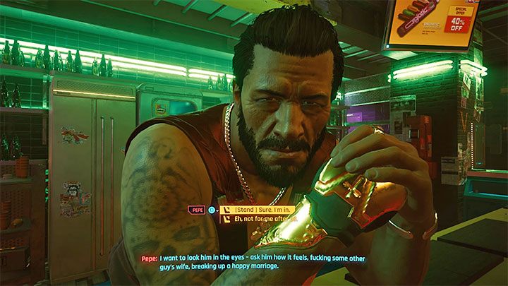 Z barmanem Pepe możesz porozmawiać wyłącznie jeśli pomogłeś klientowi lokalu (staczając walkę z gangsterami lub zastraszając ich) i w międzyczasie nie wyszedłeś z baru - Cyberpunk 2077: Echa przeszłości - solucja, opis przejścia - Cyberpunk 2077 - poradnik do gry