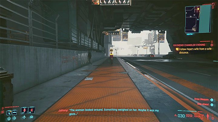 Podczas śledzenia żony Pepe dbaj jedynie o to żeby zbytnio się do niej nie zbliżać - najlepiej iść w odległości około 10-15 metrów za nią - Cyberpunk 2077: Echa przeszłości - solucja, opis przejścia - Cyberpunk 2077 - poradnik do gry
