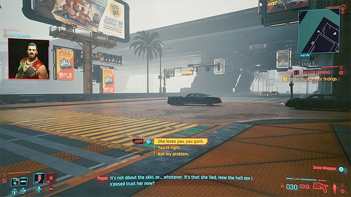 4) Zadzwoń do barmana Pepe i powiedz mu, że Cynthia była u ripperdoca (pierwsza opcja dialogowa) - Cyberpunk 2077: Echa przeszłości - solucja, opis przejścia - Cyberpunk 2077 - poradnik do gry