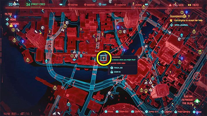 To pojazd powiązany z jednym z kontraktów z dzielnicy The Glen - miejsce rozpoczecia kontraktu zaznaczyliśmy na powyższym obrazku - Cyberpunk 2077: Wszystkie darmowe pojazdy - Cyberpunk 2077 - poradnik do gry