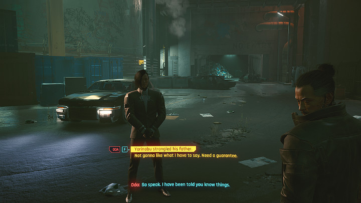 W trakcie rozmowy z Oda możesz powiedzieć mu, co widziałeś w apartamencie Konpeki Plaza i że to Yorinobu zabił swojego ojca, Saburo - Cyberpunk 2077: Stary znajomy/Down on the Street - solucja, opis przejścia - Cyberpunk 2077 - poradnik do gry