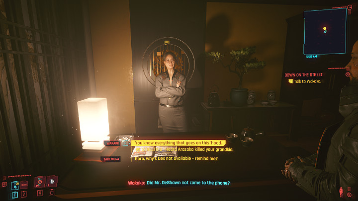 Wakako serdecznie przywita się ze swoimi gośćmi, a następnie poinformuje, że Takemura jest poszukiwany przez wszystkie siły Arasaki i to dobry powód, by go wydać - Cyberpunk 2077: Stary znajomy/Down on the Street - solucja, opis przejścia - Cyberpunk 2077 - poradnik do gry