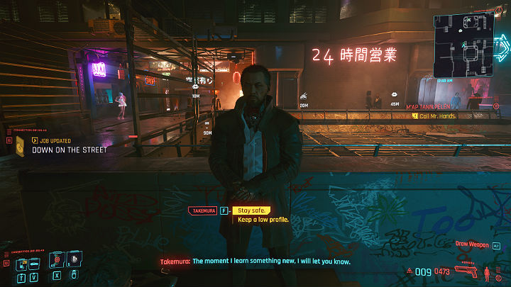 Wyjdź z lokalu Wakako i porozmawiaj z Takemurą - Cyberpunk 2077: Stary znajomy/Down on the Street - solucja, opis przejścia - Cyberpunk 2077 - poradnik do gry