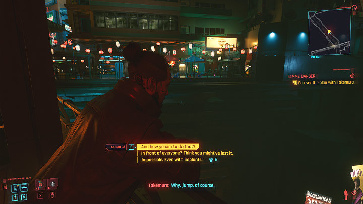 Do miejsca w którym czeka na Ciebie Takemura możesz dostać się jedynie windą publiczną więc podążaj wyznaczoną ścieżką - Cyberpunk 2077: Koty w ciemności/Gimme Danger - solucja, opis przejścia - Cyberpunk 2077 - poradnik do gry