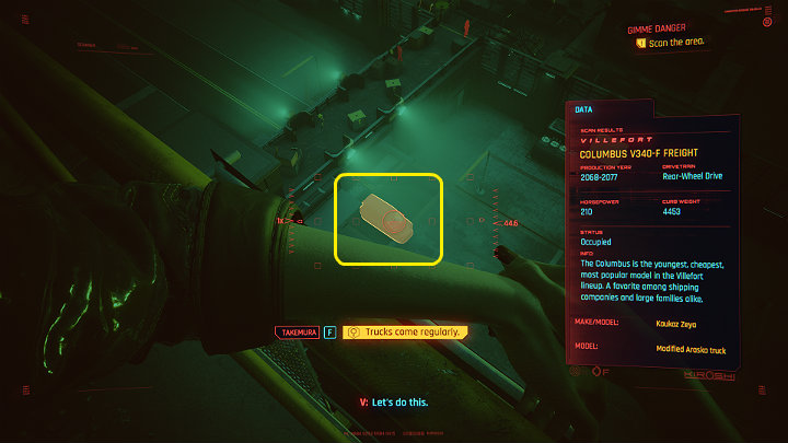 Warto zwrócić uwagę na ciężarówki, które regularnie wjeżdżają na teren parku - Cyberpunk 2077: Koty w ciemności/Gimme Danger - solucja, opis przejścia - Cyberpunk 2077 - poradnik do gry