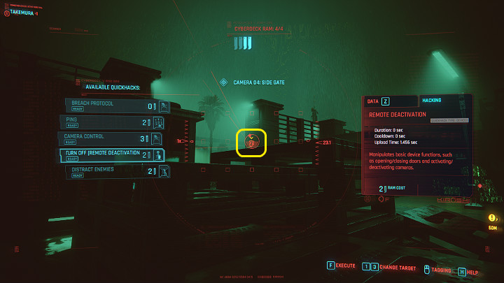 Warto zhakować kamerę przy wjeździe i ją wyłączyć (przyda się to także w czasie późniejszej ucieczki) - Cyberpunk 2077: Koty w ciemności/Gimme Danger - solucja, opis przejścia - Cyberpunk 2077 - poradnik do gry