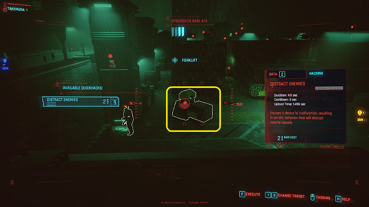 Jeśli chcesz być maksymalnie bezpieczny i pozostać niewykryty, zhakuj urządzenie za plecami strażnika, by odwrócić jego uwagę i zeskocz na ulicę poza terenem Arasaka Industrial Park - Cyberpunk 2077: Koty w ciemności/Gimme Danger - solucja, opis przejścia - Cyberpunk 2077 - poradnik do gry