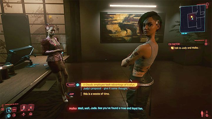 Spotkanie z Maiko będzie miało nieco inny przebieg w zależności od tego czy podczas głównego zadania Dom Lalek (Automatic Love) zamordowałeś Woodmana czy też pozostawiłeś go przy życiu (tzn - Cyberpunk 2077: Mechaniczna dziewczyna/Ex-Factor (Judy) - solucja - Cyberpunk 2077 - poradnik do gry