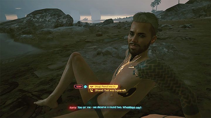 Musisz wybrać opcję przytulenia Kerryego i tym samym potwierdzenia, że chcesz się z nim związać - Cyberpunk 2077: Kerry Eurodyne - romans/seks - Cyberpunk 2077 - poradnik do gry