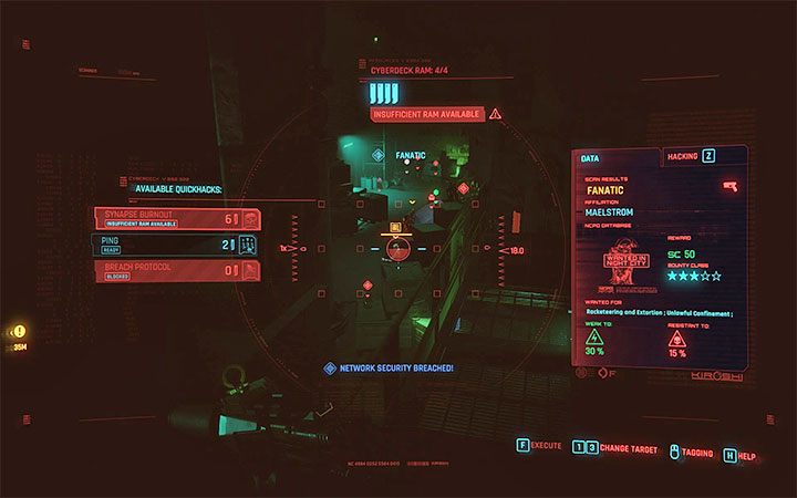 Brak wymaganej ilości RAM może uniemożliwiać aktywowanie bardziej zaawansowanych hacków (przykład tego typu komunikatu na obrazku) - Cyberpunk 2077: Jak zwiększyć ilość pamięci RAM cyberdecku? - Cyberpunk 2077 - poradnik do gry