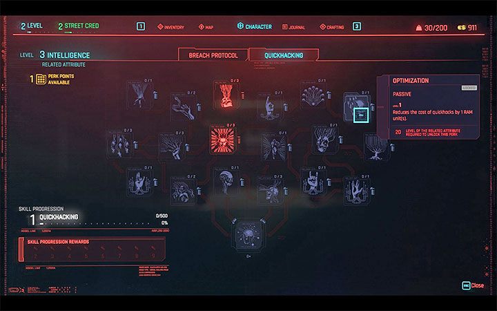 2) Możesz odblokowywać atuty z kategorii Naruszenie protokołu (Breach Protocol) i Hakowanie bojowe (Quickhacking) powiązane z obniżaniem wymagań co do ilości pamięci RAM - Cyberpunk 2077: Jak zwiększyć ilość pamięci RAM cyberdecku? - Cyberpunk 2077 - poradnik do gry