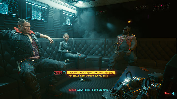 Zanim zaczniecie briefing, Dex będzie miał jedno pytanie do V - jak poszło spotkanie z Evelyn Parker - Cyberpunk 2077: Skok na głęboką wodę/The Heist - solucja, opis przejścia - Cyberpunk 2077 - poradnik do gry