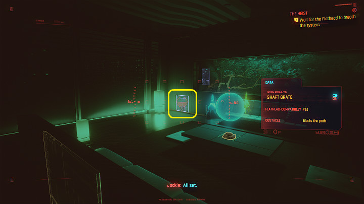 Włącz skaner i znajdź wejście do szybu, by wpuścić tam Flatheada - Cyberpunk 2077: Skok na głęboką wodę/The Heist - solucja, opis przejścia - Cyberpunk 2077 - poradnik do gry