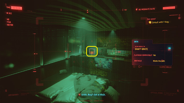 Gdy zostaniesz przełączony na widok z kolejnego pokoju, przeskanuj wejście do szybu wentylacyjnego, który znajduje się przy podłodze, przy oknie po lewej stronie - Cyberpunk 2077: Skok na głęboką wodę/The Heist - solucja, opis przejścia - Cyberpunk 2077 - poradnik do gry