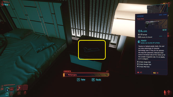 Zanim pójdziesz otworzyć sejf pamiętaj, by zabrać broń, którą Yorinobu Arasaka położył na szafce po drugiej stronie łóżka - Cyberpunk 2077: Skok na głęboką wodę/The Heist - solucja, opis przejścia - Cyberpunk 2077 - poradnik do gry