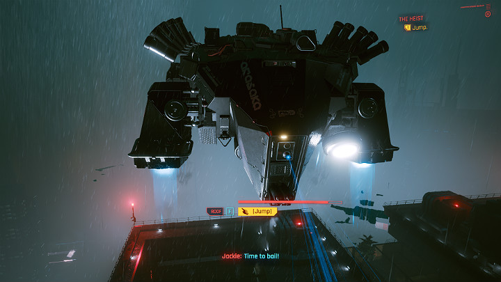 Gdy wasza obecność zostanie wykryta, musicie zeskoczyć z budynku, by ratować życie - Cyberpunk 2077: Skok na głęboką wodę/The Heist - solucja, opis przejścia - Cyberpunk 2077 - poradnik do gry