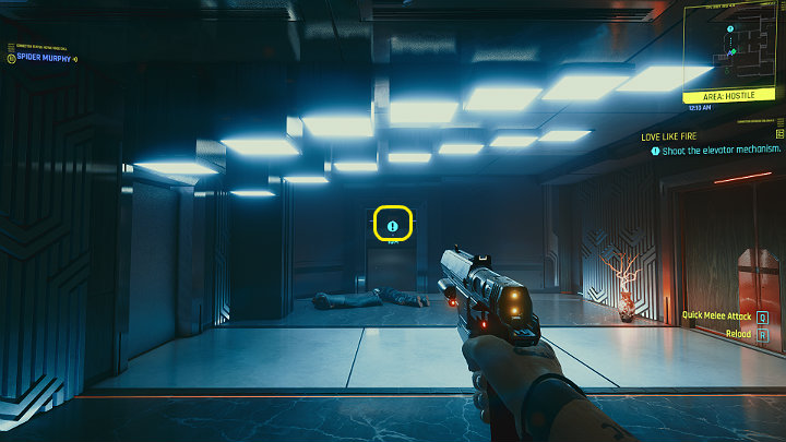 Gdy dotrzesz do windy otwórz drzwi i podłóż w środku ładunek wybuchowy - Cyberpunk 2077: Operacja Firestorm/Love Like Fire - solucja, opis przejścia - Cyberpunk 2077 - poradnik do gry