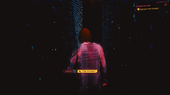 Twoim oczom ukaże się cyfrowe środowisko w którym zauważysz czerwoną postać, która przypomina Johnnyego Silverhanda - Cyberpunk 2077: Wielki sen/Playing for Time - solucja, opis przejścia - Cyberpunk 2077 - poradnik do gry