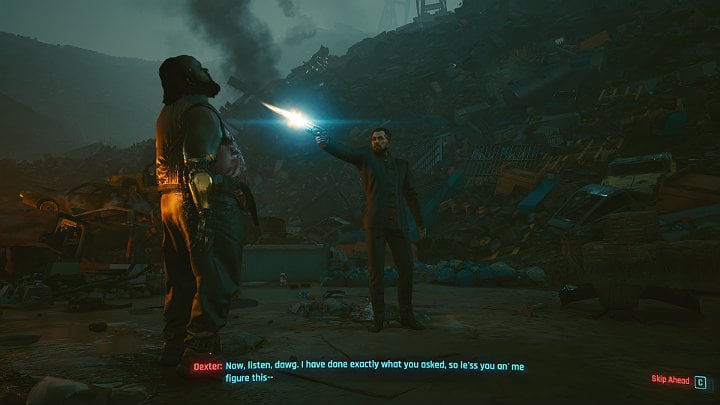 Zostaniesz złapany przez Dextera i podciągnięty przed oblicze Takemury (ochroniarza Arasaki) i będziesz świadkiem morderstwa DeShawna - Cyberpunk 2077: Wielki sen/Playing for Time - solucja, opis przejścia - Cyberpunk 2077 - poradnik do gry