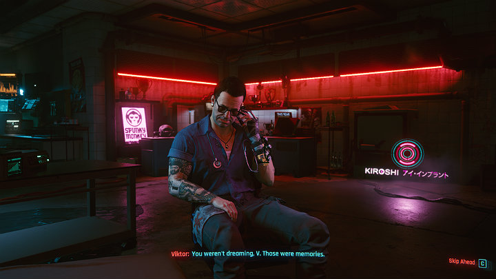 Po dłuższym przerywniku filmowym V obudzi się w klinice Viktora i opowie mu o dziwnym śnie, o tym, że wcielił się w kogoś innego i co tam robił - Cyberpunk 2077: Wielki sen/Playing for Time - solucja, opis przejścia - Cyberpunk 2077 - poradnik do gry