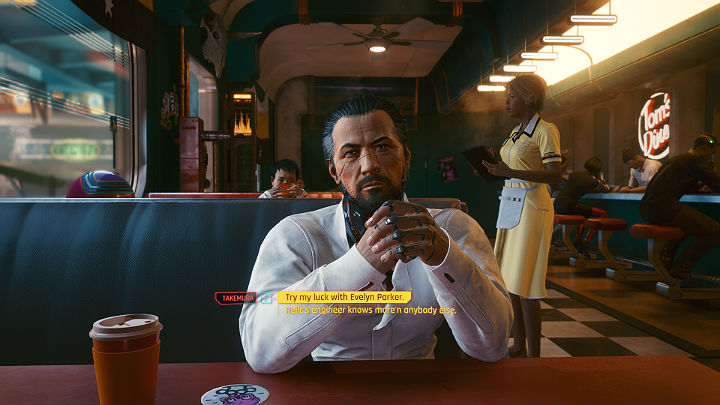Wejdź do restauracji i podejdź do stolika przy którym siedzi Takemura - Cyberpunk 2077: Wielki sen/Playing for Time - solucja, opis przejścia - Cyberpunk 2077 - poradnik do gry