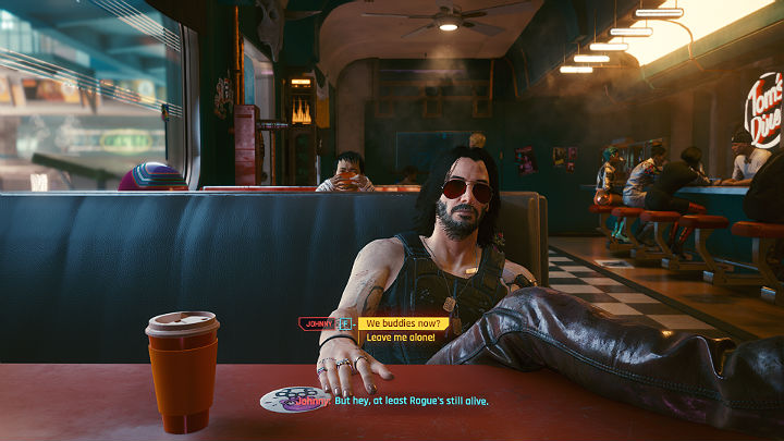 Po dłuższej rozmowie, Takemura wyjdzie z restauracji, a jego miejsce zajmie Johnny - Cyberpunk 2077: Wielki sen/Playing for Time - solucja, opis przejścia - Cyberpunk 2077 - poradnik do gry