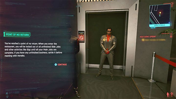 Właściwy punkt bez odwrotu stanowi użycie windy podróżującej do restauracji - Cyberpunk 2077: Czy jest punkt bez odwrotu? - Cyberpunk 2077 - poradnik do gry