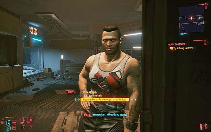 Zajmij się innymi aktywnościami i powróć do mieszkania Barryego po upływie około trzech godzin w świecie gry - tym razem Barry otworzy i zaprosi cię do mieszkania - Cyberpunk 2077: Gdy patrzysz w otchłań/Happy Together - solucja, opis przejścia - Cyberpunk 2077 - poradnik do gry