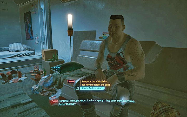 W trakcie spotkania z Barrym dowiesz się, że zmarł jego najlepszy przyjaciel Andrew - Cyberpunk 2077: Gdy patrzysz w otchłań/Happy Together - solucja, opis przejścia - Cyberpunk 2077 - poradnik do gry