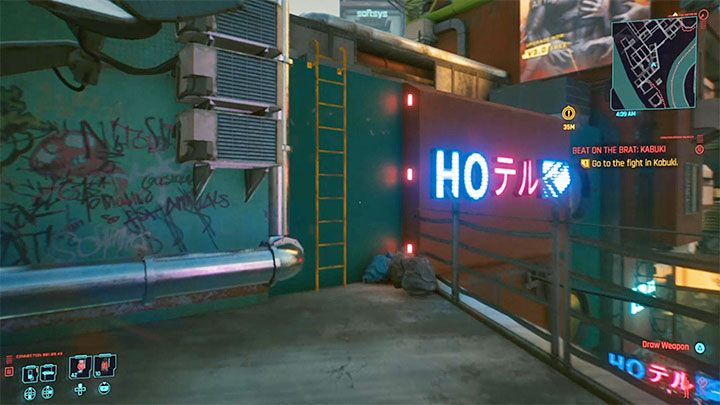 W dalszej części wspinaczki możesz skorzystać z żółtej drabiny lub po prostu doskakiwać do wyższych półek i chwytać się ich - Cyberpunk 2077: Jak pokonać bossów Bliźniacy/czempioni w Kabuki? - Cyberpunk 2077 - poradnik do gry