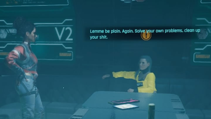 Rozmowy tła - Ustawienie to jest w stanie wyświetlać podpisy dla rozmów postaci z otoczenia - przykład takiej sytuacji pokazuje dołączony obrazek - Cyberpunk 2077: Przeładowany HUD/interfejs - co wyłączyć? - Cyberpunk 2077 - poradnik do gry