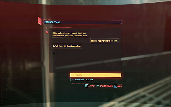 Meredith bez żadnych ogródek zaproponuje spotkanie w motelu, na które na potrzeby romansu musisz się zgodzić - Cyberpunk 2077: Meredith Stout - romans/seks - Cyberpunk 2077 - poradnik do gry
