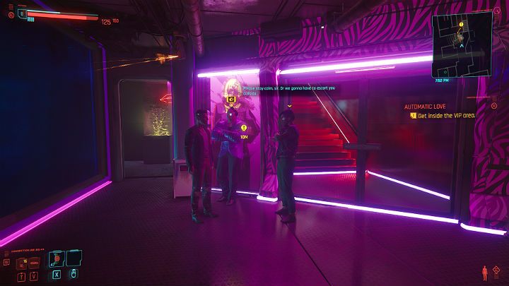 Przed drzwiami do strefy VIP obejrzysz scenę w której jeden z klientów zostaje odprawiony z kwitkiem przez dwóch ochroniarzy - Cyberpunk 2077: Dom lalek/Automatic Love - solucja, opis przejścia - Cyberpunk 2077 - poradnik do gry